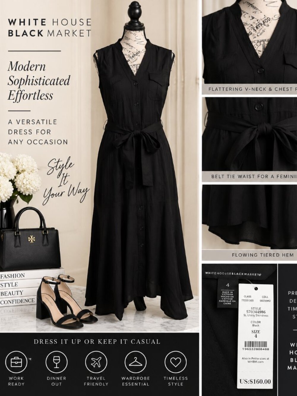 NWT White House Black Market Black Utility Shirtdress Size 4 Belted Midi Maxi